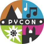 PyCon logo featuring stylized mountains, musical notes, a church, and an edelweiss flower, with the text 'PYCON'.